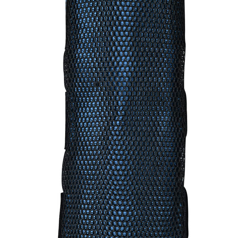 Close-up of Weatherbeeta Therapy-Tec Cold Water Boots in black/blue, with scale-like texture.