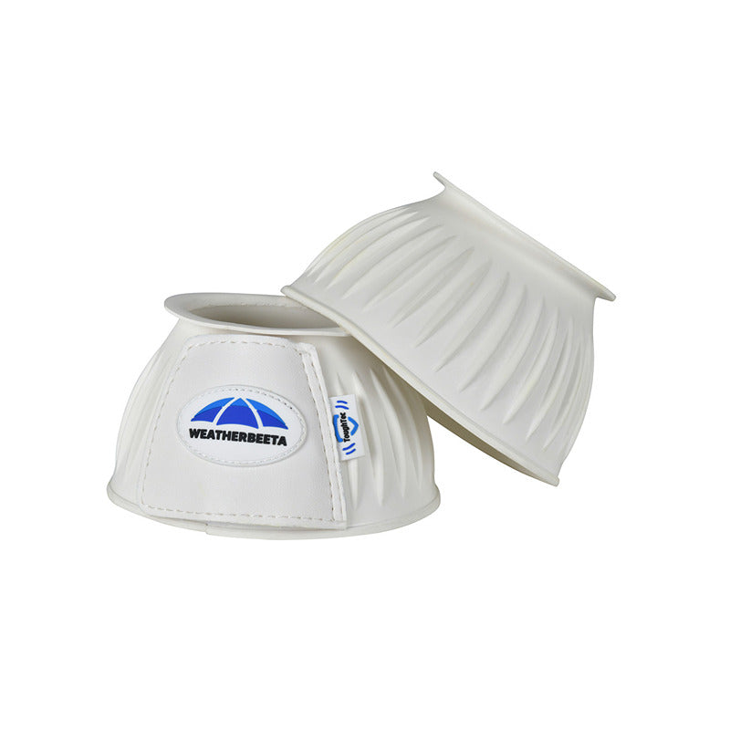 Two Weatherbeeta Tough-Tec Prime Rubber Bell Boots in white provide horse overreach protection.