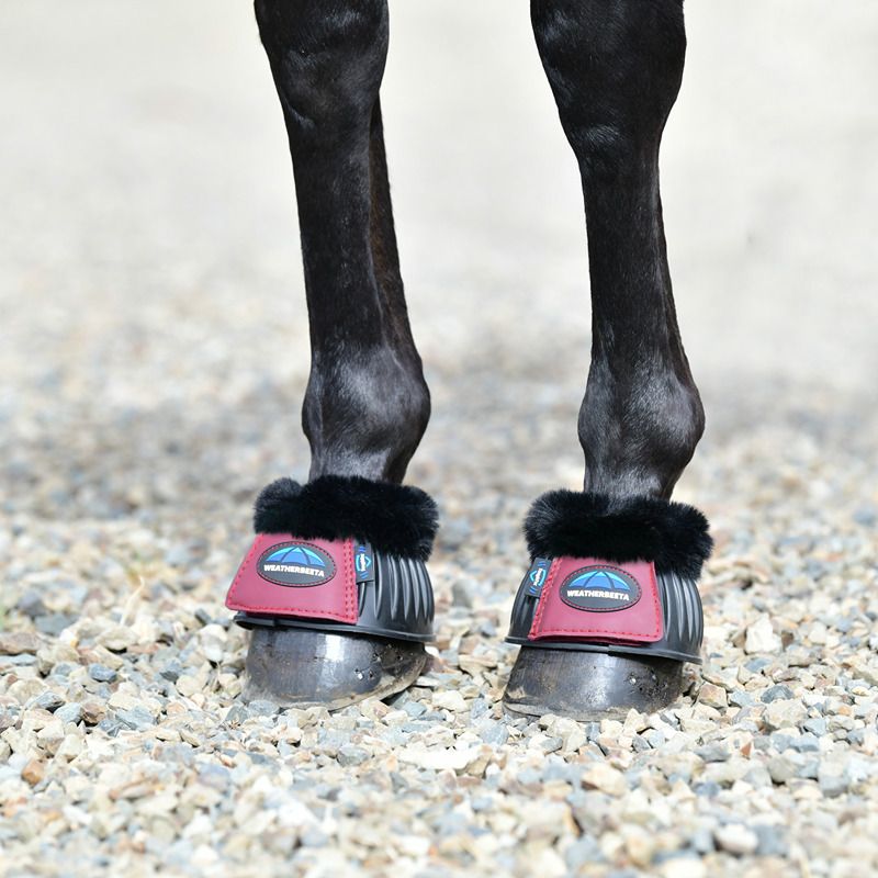 A horse’s front legs in Weatherbeeta Tough-Tec Prime Fleece Trim Bell Boots Black/Burgundy.