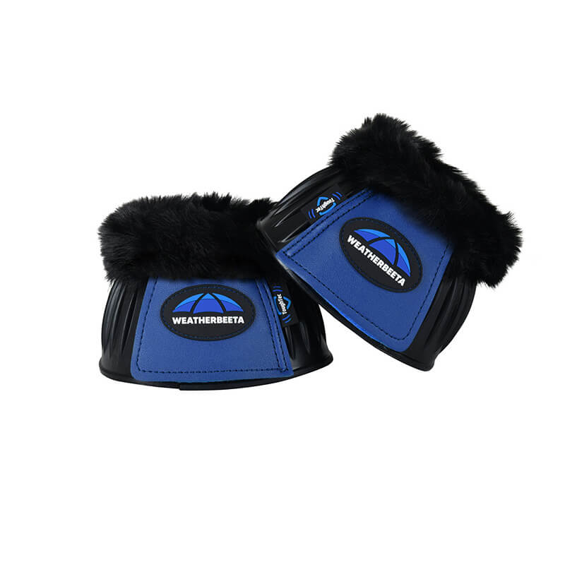Weatherbeeta Tough-Tec Prime bell boots in black/cobalt with fleece trim for overreach protection.