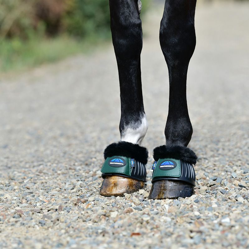A horse on gravel wears Weatherbeeta Tough-Tec Prime Fleece Bell Boots for overreach protection.