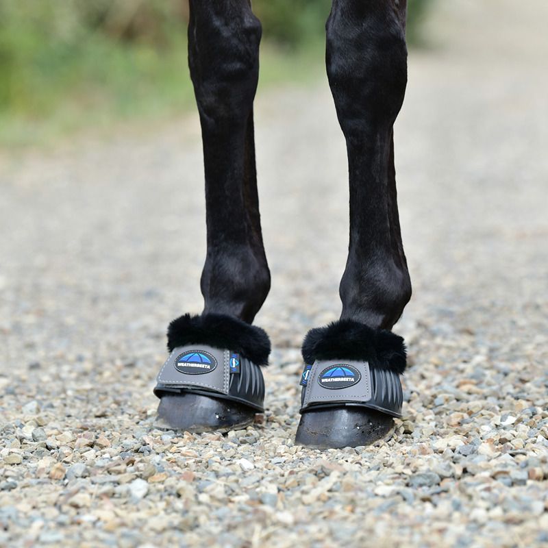 A horse wears Weatherbeeta Tough-Tec Prime Fleece Trim Rubber Bell Boots in Black/Grey.
