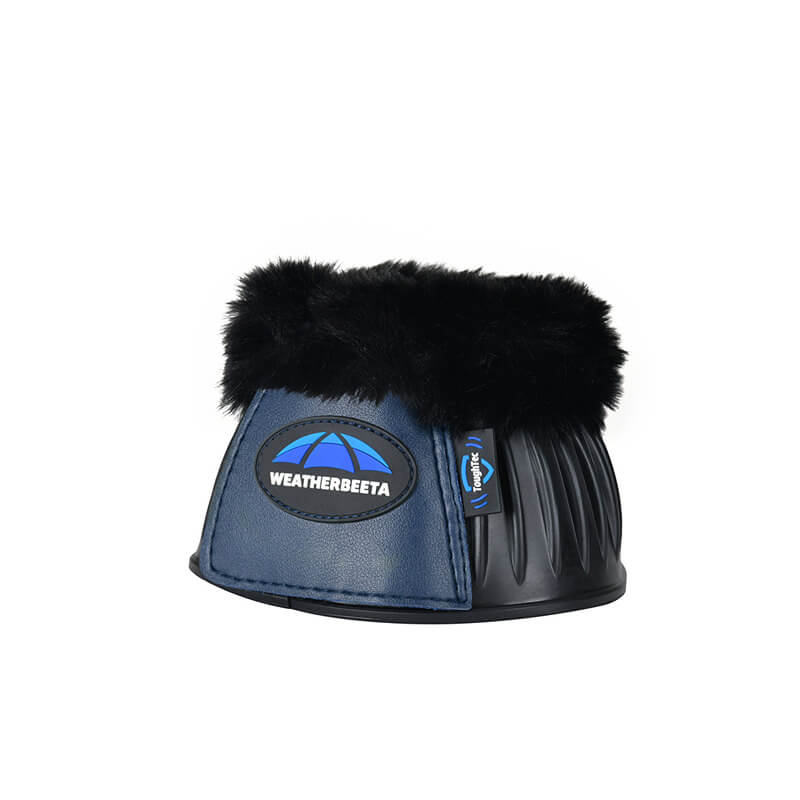 Weatherbeeta Tough-Tec Prime Bell Boots Black/Navy with fleece trim for horse overreach protection.