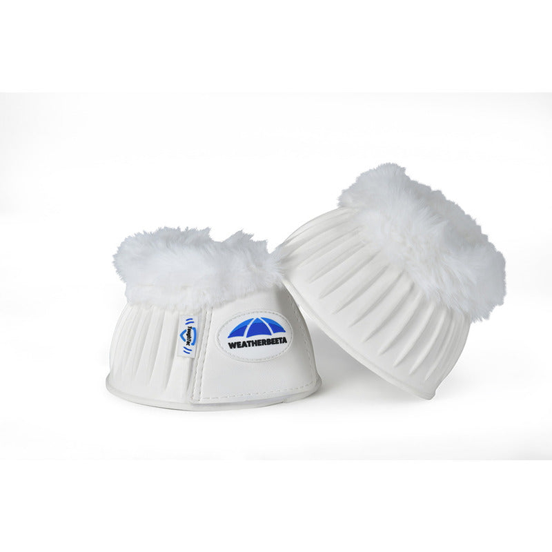 Weatherbeeta Tough-Tec Prime Fleece Trim Rubber Bell Boots in White with faux fur trimming.