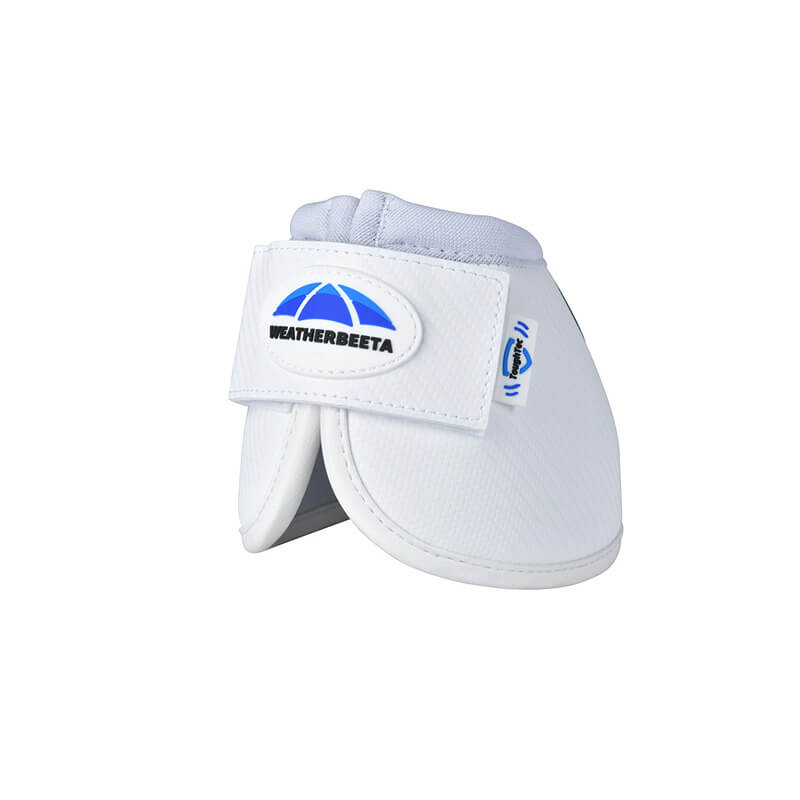 WeatherBeeta Tough-Tec Anatomical Bell Boots White with Velcro for horse hoof protection.