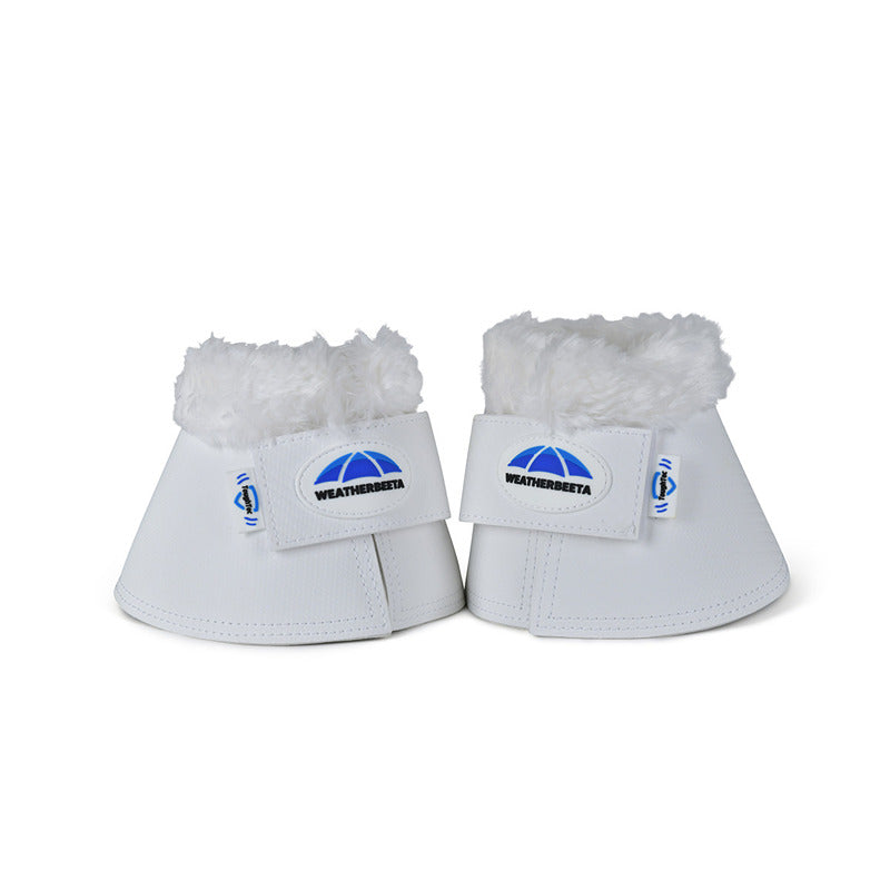 Weatherbeeta Tough-Tec Fleece Trim Bell Boots White offer horses soft overreach protection.