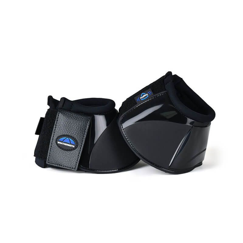 Weatherbeeta Tough-Tec Impact Bell Boots Black with Velcro closure for horse hoof protection.