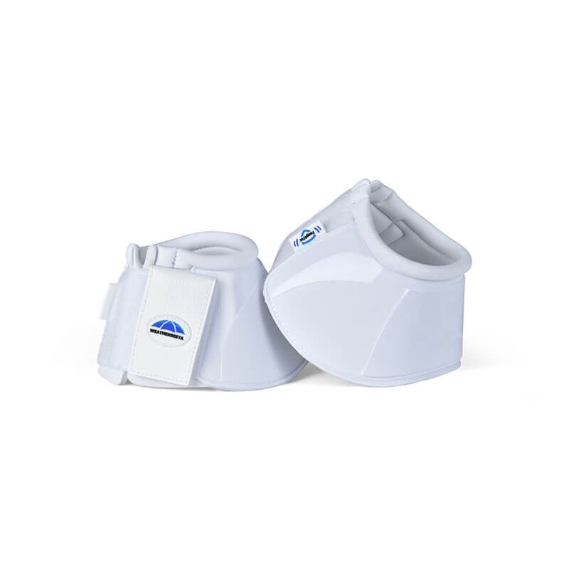 Weatherbeeta Tough-Tec Impact Bell Boots White protect hooves with white neoprene and blue logo.