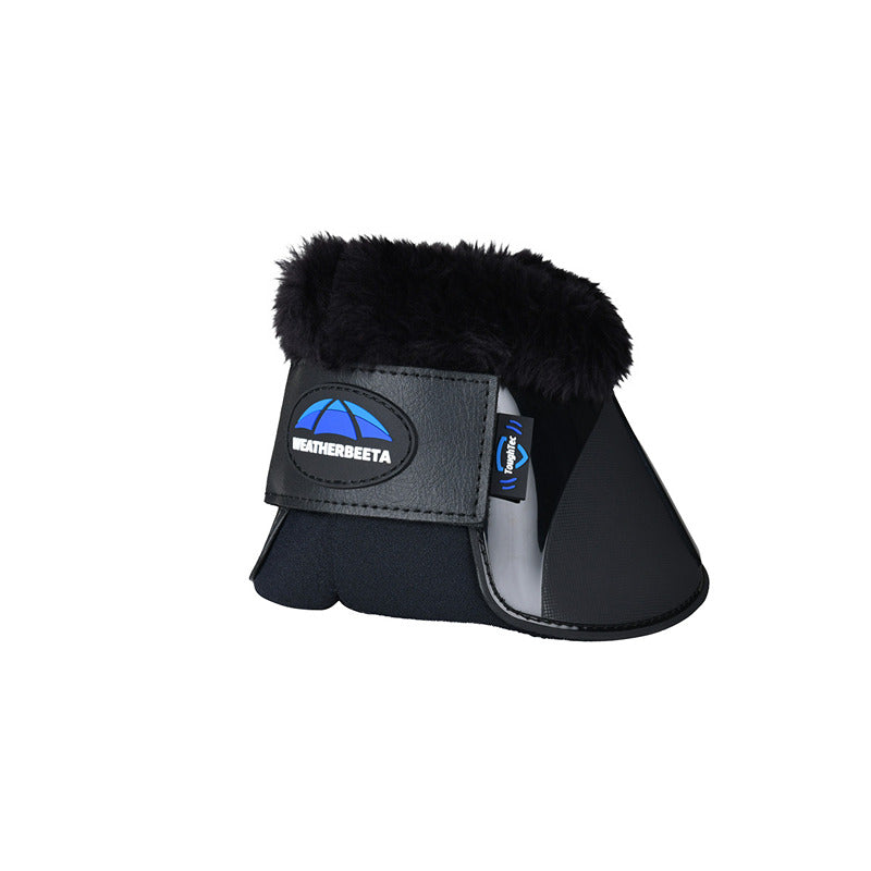 Weatherbeeta Tough-Tec Impact Bell Boots: hoof protection, fleece trim, logo on black.