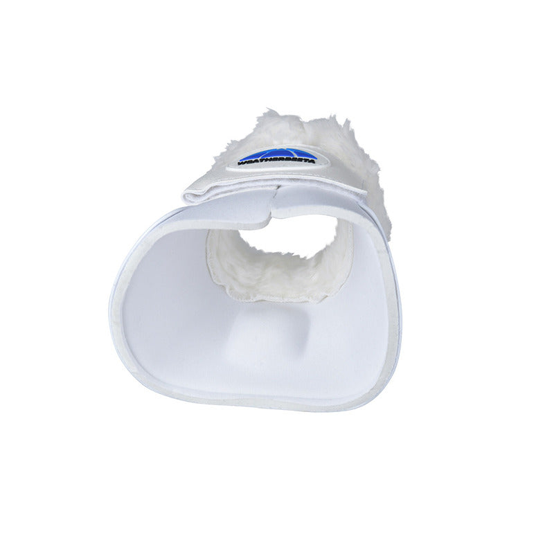 White Weatherbeeta Tough-Tec Impact Fleece Trim Bell Boots, like furry hoof-protecting covers.