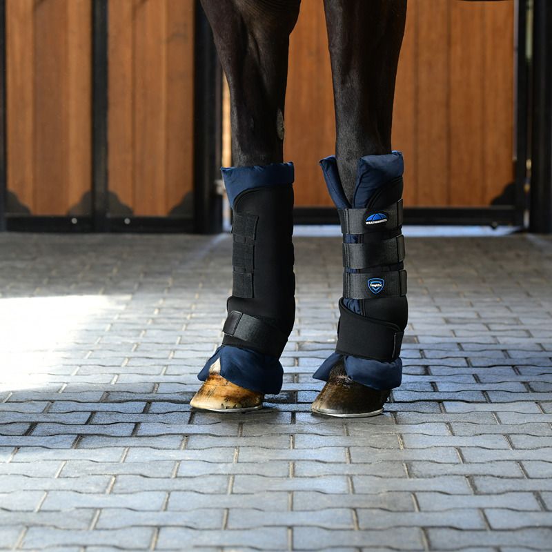 Weatherbeeta Tough-Tec Stable Boot Wraps Black/Navy protect horse legs on a tiled stable floor.
