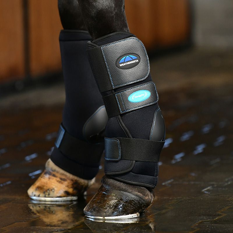 A horse wears Weatherbeeta Therapy-Tec II Ultra Cool Ice Boots Black on its front legs.