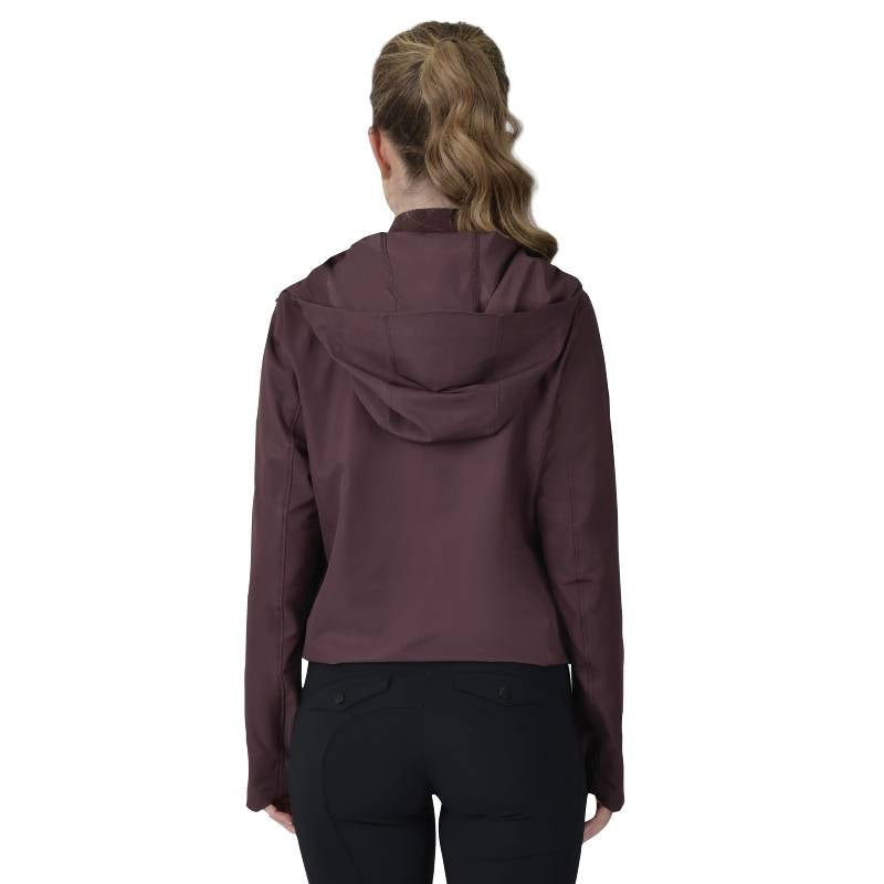 Woman wearing a Weatherbeeta Abrasion Proof Stretch Riding Jacket Mulberry, shown from the back.