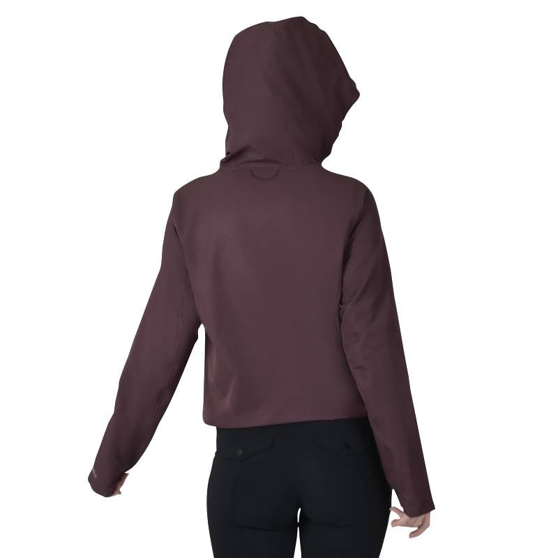 Person in a Weatherbeeta Abrasion Proof Stretch Riding Jacket Mulberry, shown from the back.
