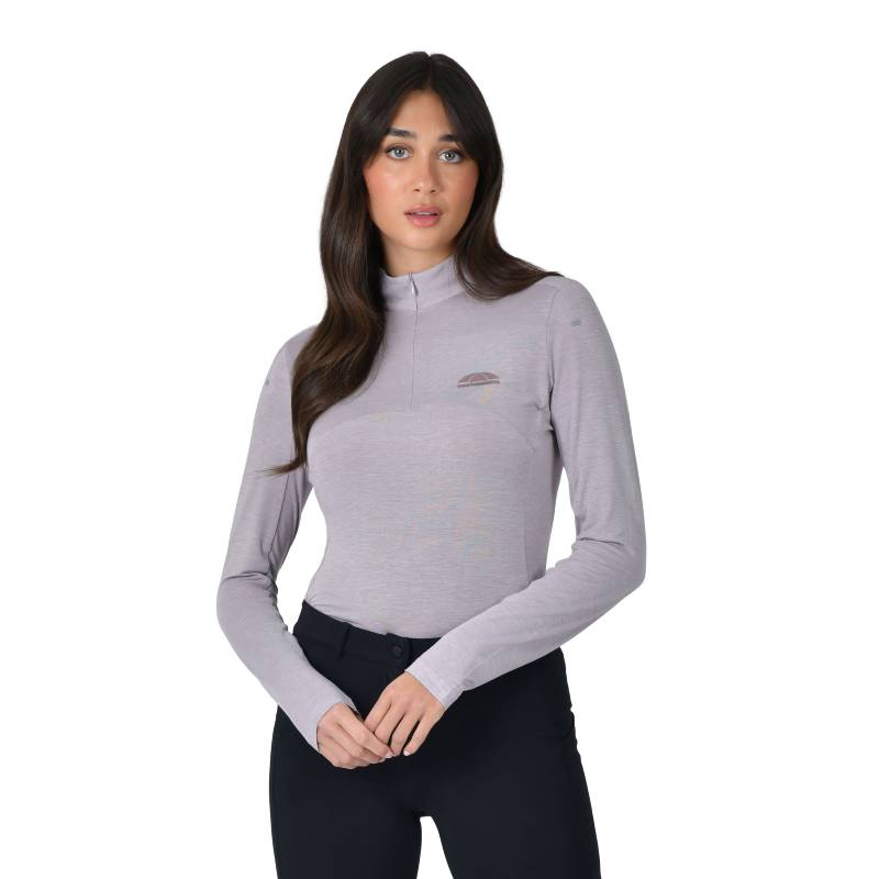 Woman in a Weatherbeeta Bamboo Long Sleeve Performance Base Layer Burnished Lilac and black pants.
