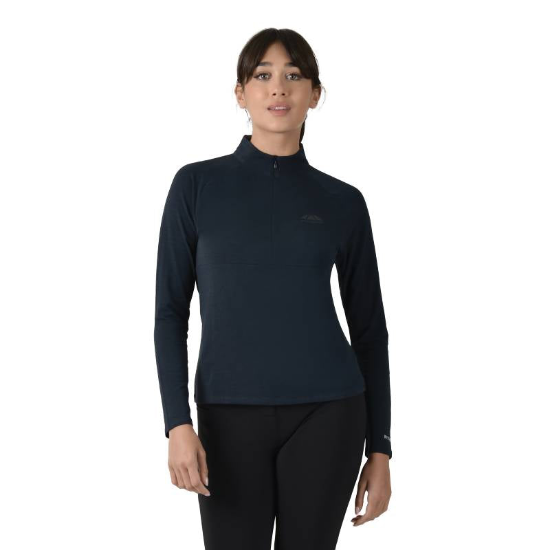 Woman in a Weatherbeeta Bamboo Long Sleeve Performance Base Layer Navy against white background.