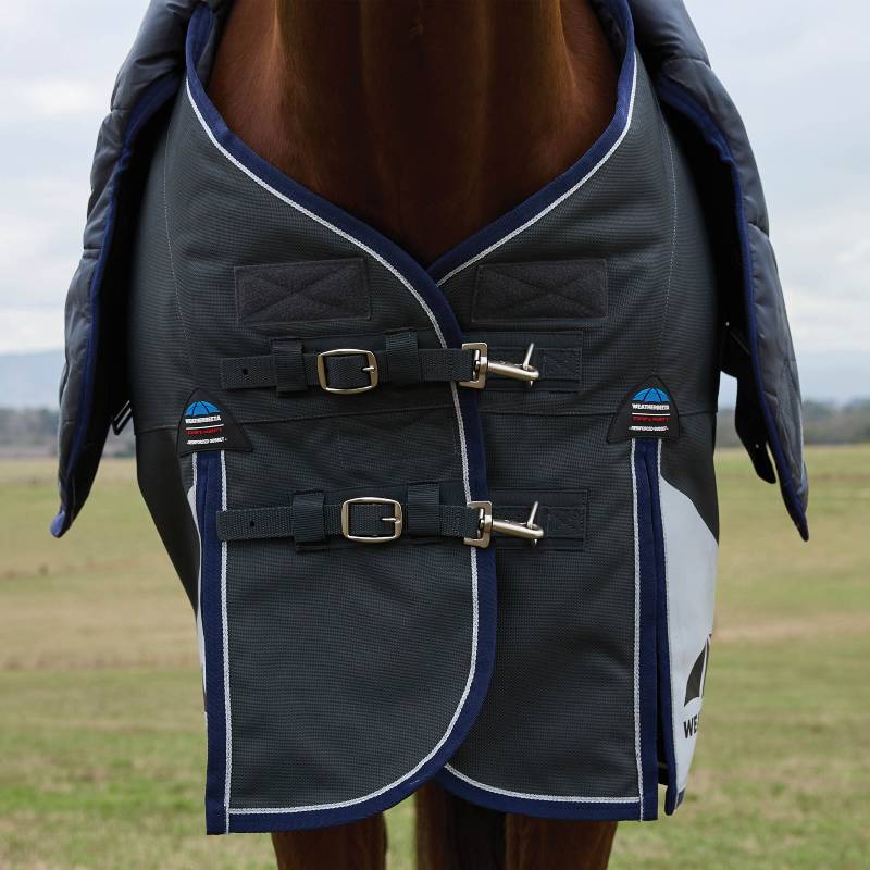 Close-up of a horse in a Weatherbeeta Comfitec Ultra Detach-A-Neck 220g turnout rug in a field.