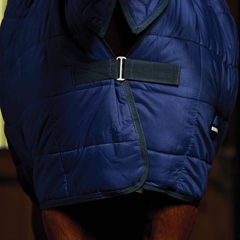 A close-up of a horse in a Weatherbeeta Comfitec Under Rug Combo Neck 220g Navy.