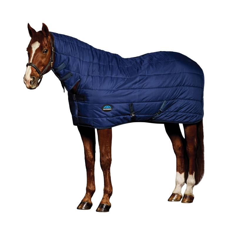 A brown horse wears a Weatherbeeta Comfitec Under Rug Combo Neck 220g Navy rug.