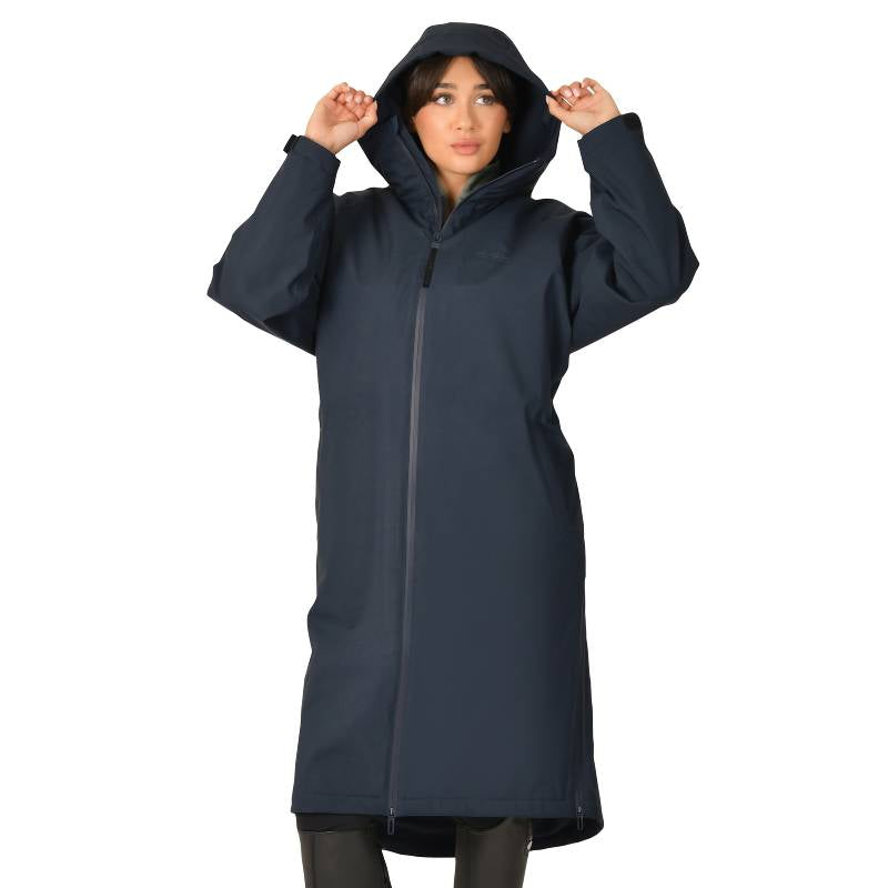 Person wearing a Weatherbeeta All Weather Field Jacket Navy, holding the hood with both hands.