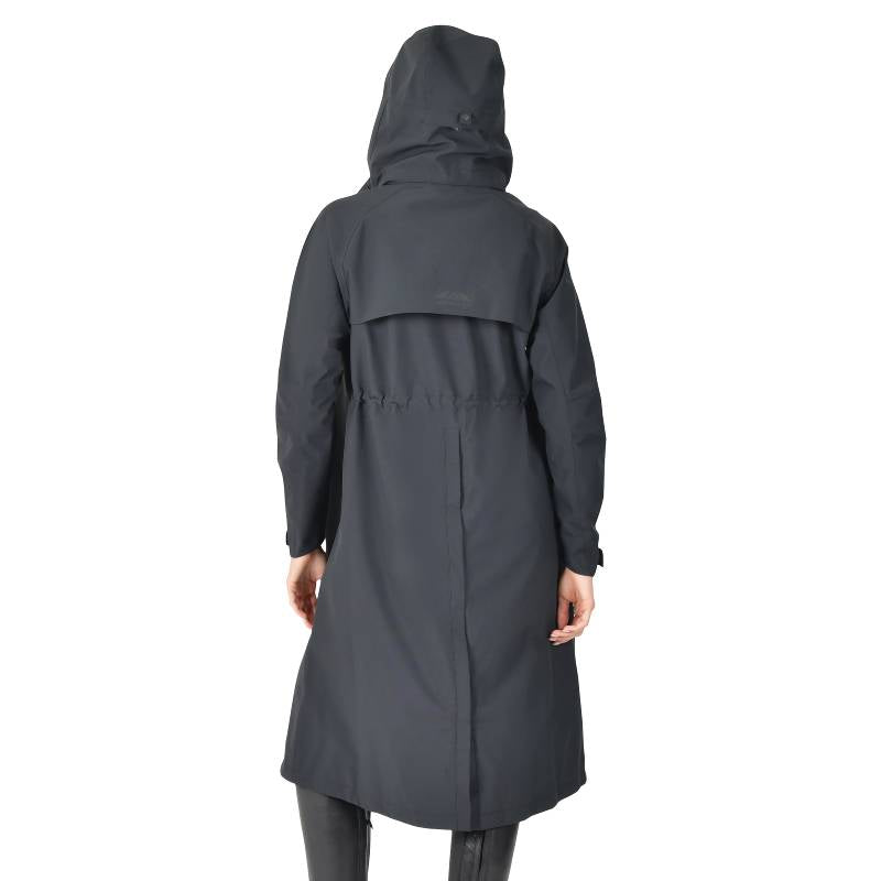 Person wearing Weatherbeeta Windbreaker Longline Riding Jacket Black, hood up, on white background.