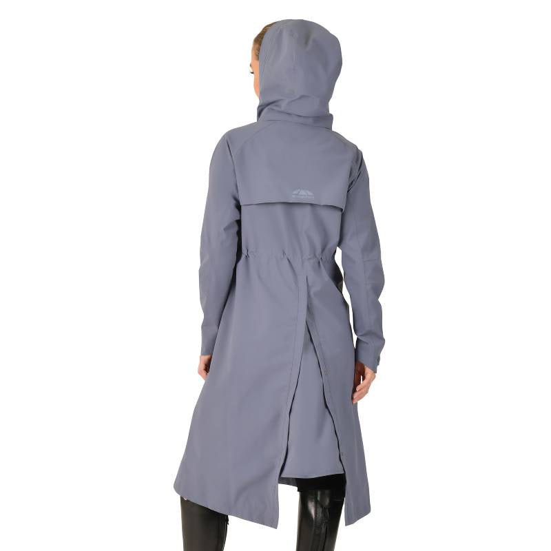 Person in a Weatherbeeta Windbreaker Longline Riding Jacket Slate Blue, shown from the back.