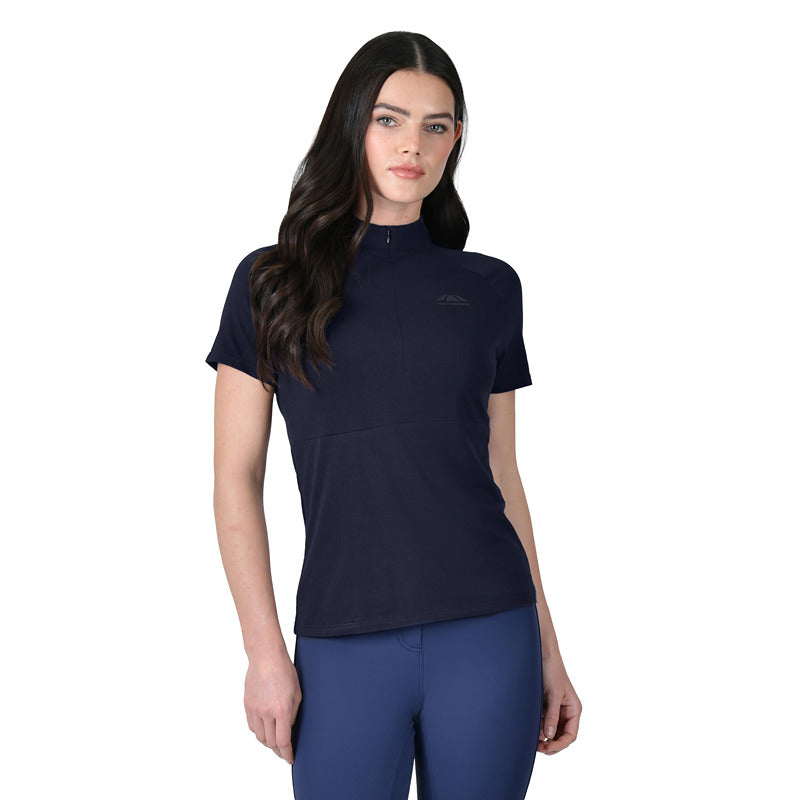 Woman wears Weatherbeeta Bamboo Navy Base Layer, facing forward against a white background.