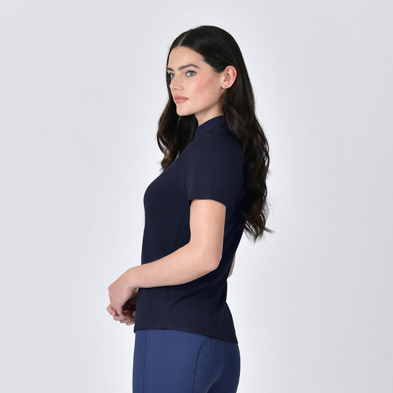 Woman wears Weatherbeeta Bamboo Navy Base Layer, facing forward against a white background.