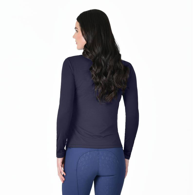 Woman with long dark hair in a Weatherbeeta Relaxed UV Long Sleeve Tee Navy, facing away.