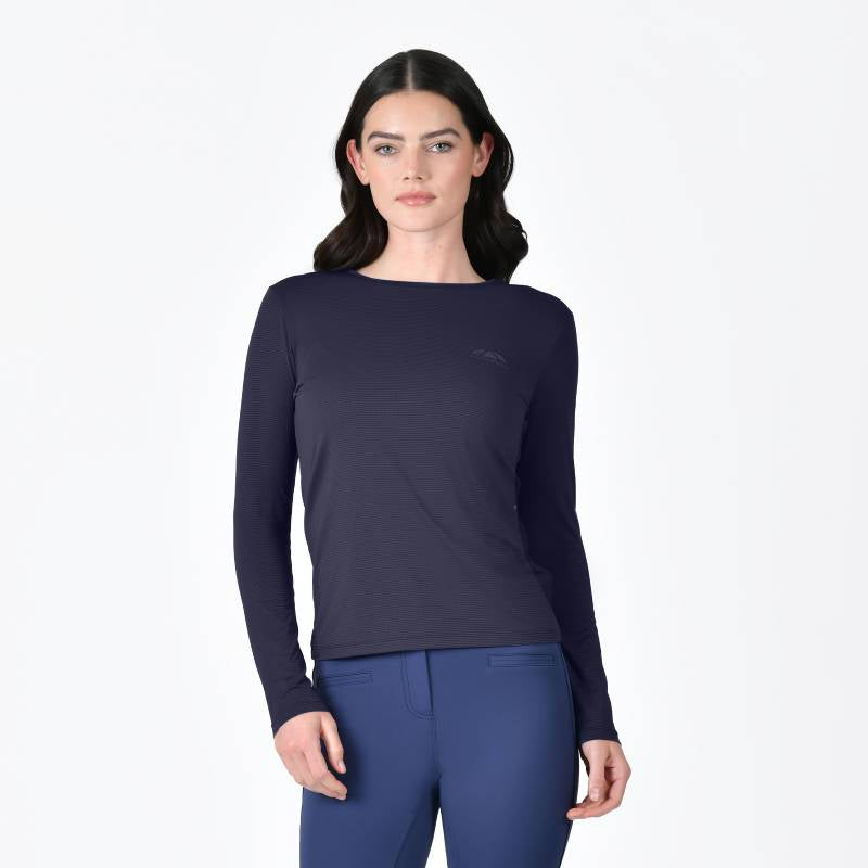 Woman wears Weatherbeeta Relaxed UV Long Sleeve Tee Navy, standing against a white background.