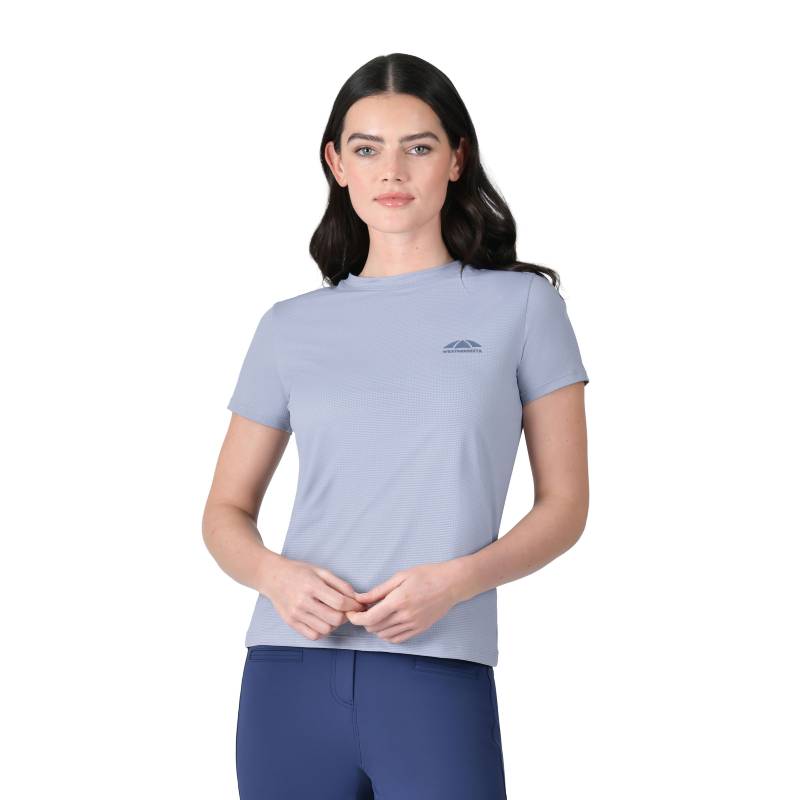 Woman in a Weatherbeeta Relaxed UV Short Sleeve Tee Blue Stone and dark blue pants, facing forward.