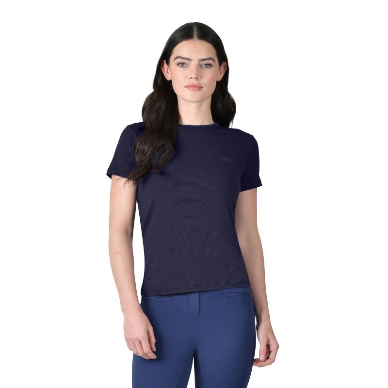 Woman in a Weatherbeeta Relaxed UV Short Sleeve Tee Navy stands against a plain white background.