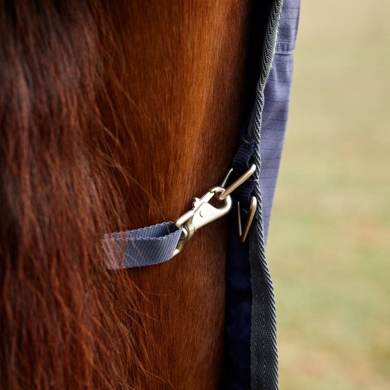 Close-up of Weatherbeeta Comfitec Tyro Combo Neck Turnout Rug 360g in Navy/Charcoal on horse.