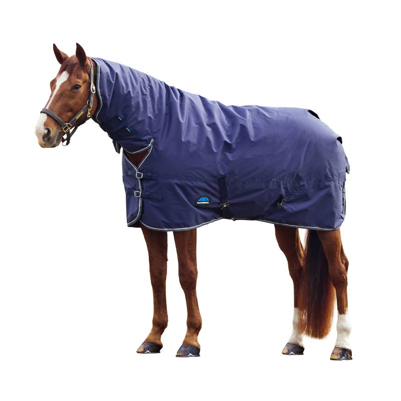 Brown horse in navy Weatherbeeta ComFiTec Tyro Combo Neck Turnout Rug, facing left.