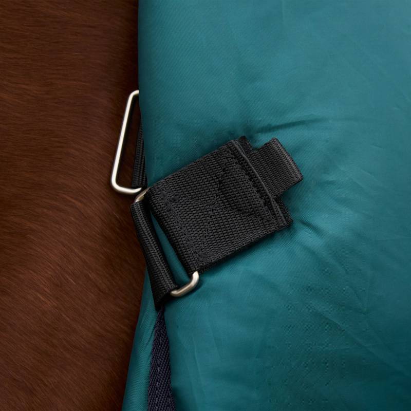Weatherbeeta Comfitec Plus Dynamic Detach-A-Neck Rug in forest green/navy with black strap and ring.