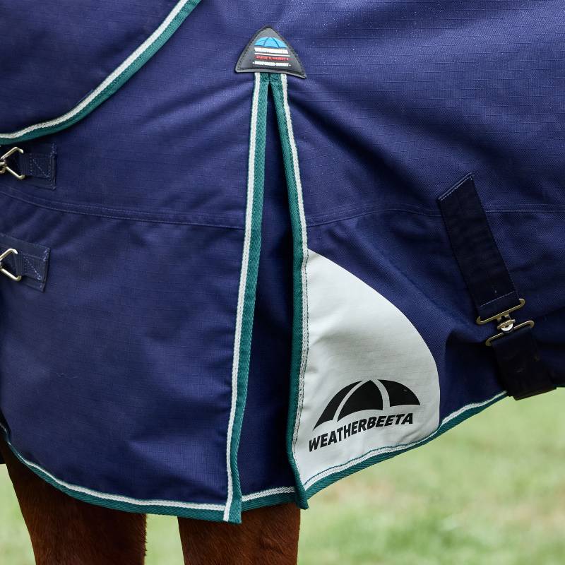 Close-up of a horse in a Weatherbeeta Comfitec Plus Dynamic rug, navy/forest green.