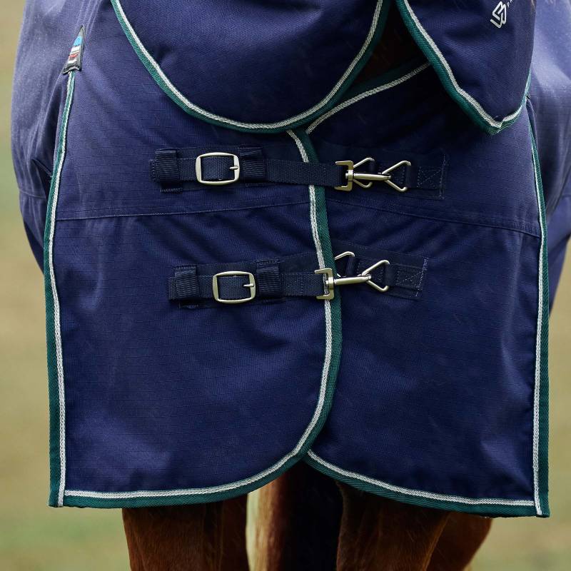 Close-up of a horse in a Weatherbeeta Comfitec Plus Dynamic Navy/Green turnout rug.