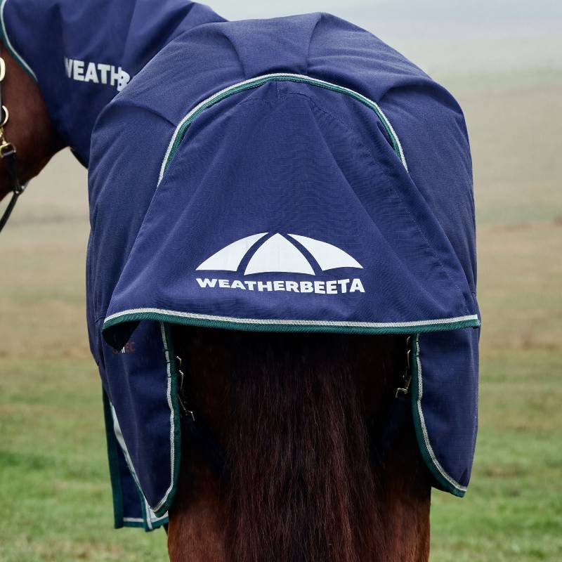 A horse in a Weatherbeeta Comfitec Plus Dynamic Navy/Forest Green turnout rug in a field.