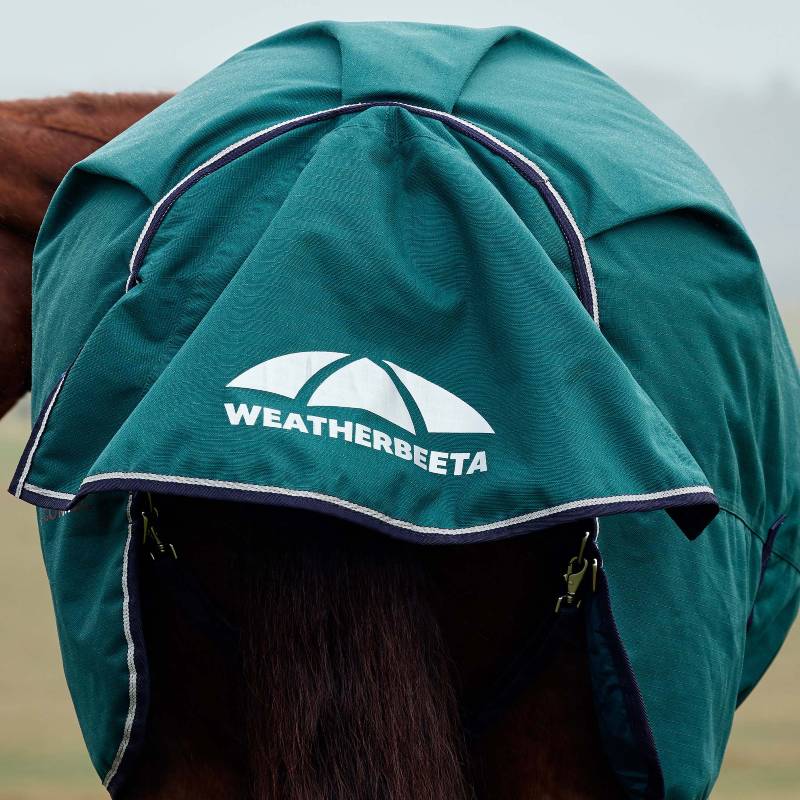 A Weatherbeeta Comfitec Plus High Neck Turnout Rug covers a horse outdoors in forest green.