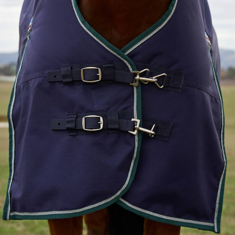 Close-up of a Weatherbeeta Comfitec Plus Dynamic 220g rug fastened on a horse’s chest.