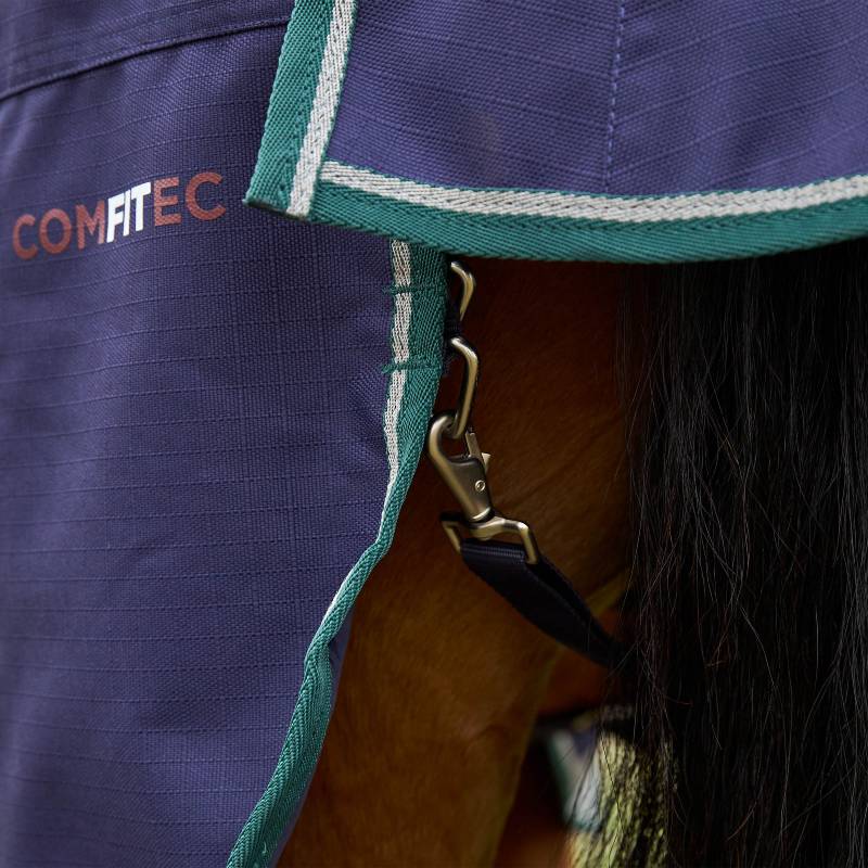 Close-up of a horse in a Weatherbeeta Comfitec Plus Dynamic Navy/Forest Green 220g turnout rug.