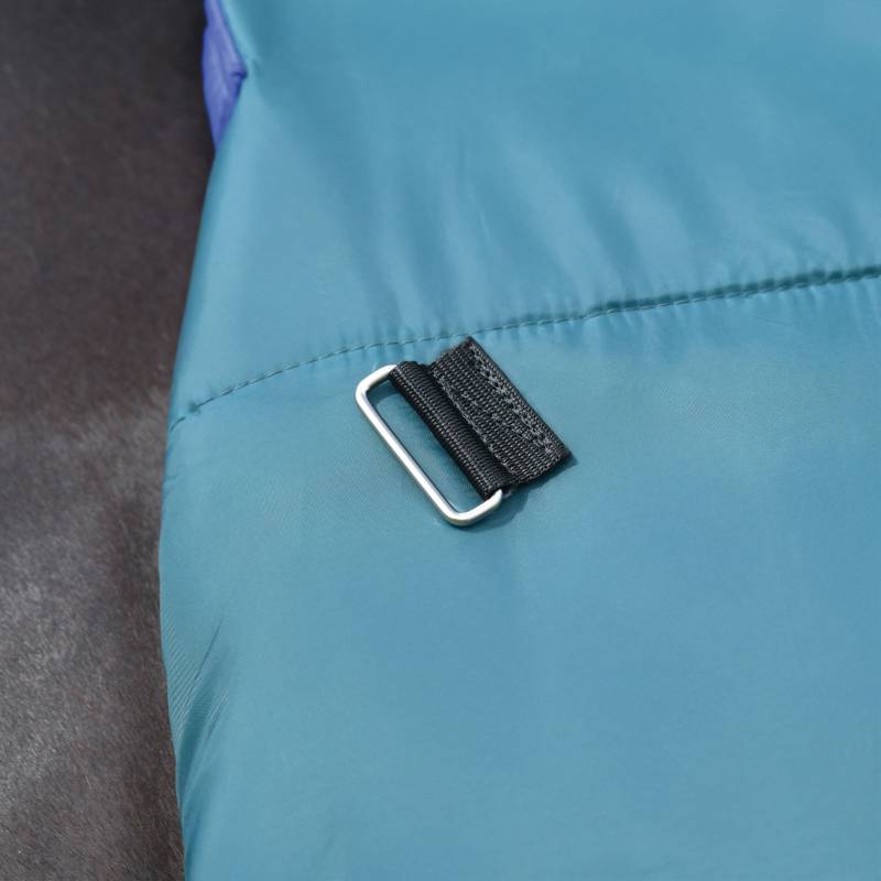 Close-up of a Weatherbeeta Comfitec Plus Dynamic High Neck Turnout Rug in green/navy with buckle.
