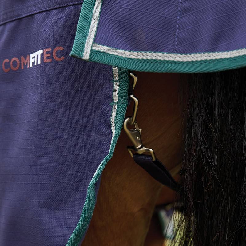 Close-up of a horse in a Weatherbeeta Comfitec Plus Dynamic 100g turnout rug, navy/green.