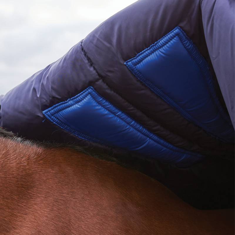 Close-up of a brown horse wearing a Weatherbeeta Comfitec Plus Dynamic 100g turnout rug in navy.