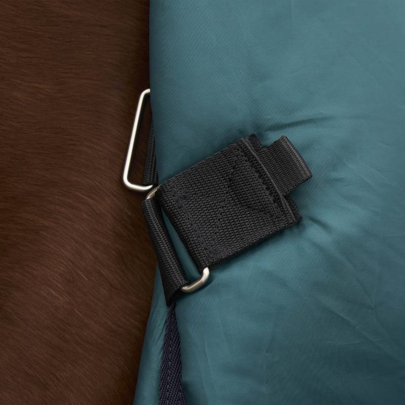 Close-up of Weatherbeeta turnout rug strap and buckle on forest green/navy fabric, 220g.