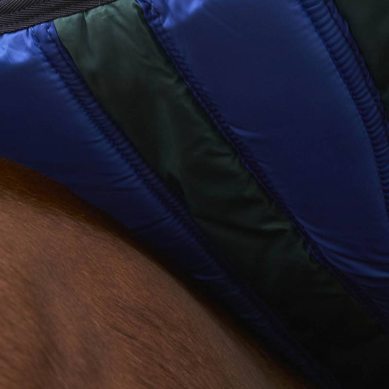 Close-up of a Weatherbeeta Comfitec Plus Dynamic rug in forest green/navy on brown horse fur.