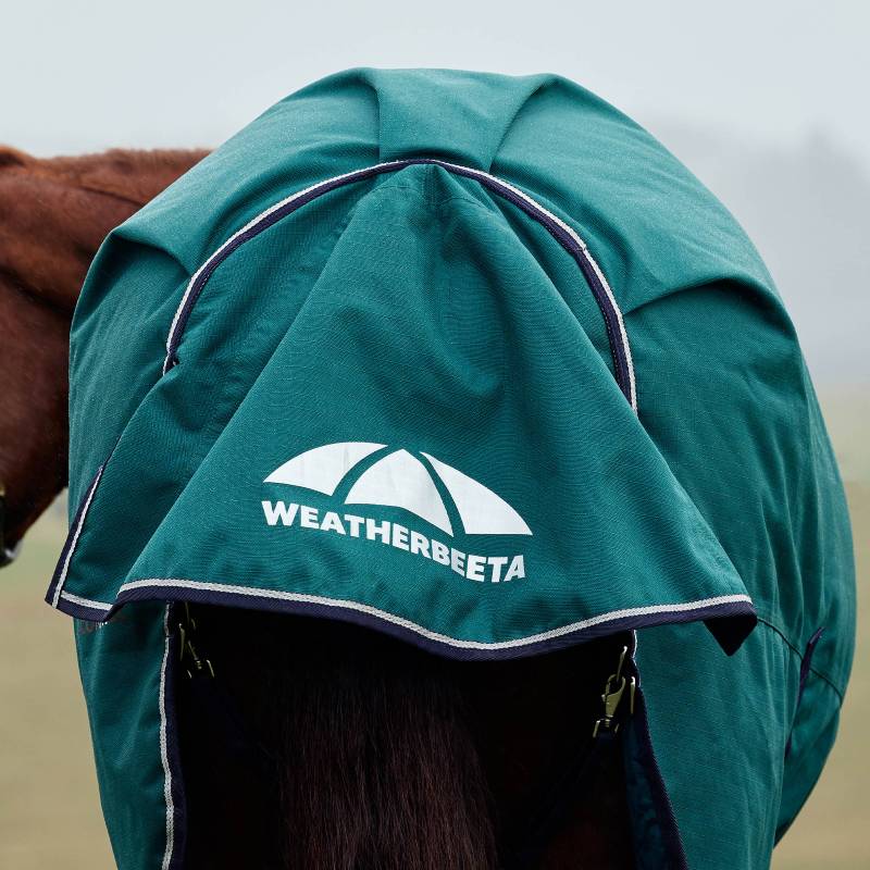 A horse wears a green Weatherbeeta Comfitec Plus turnout rug outdoors.