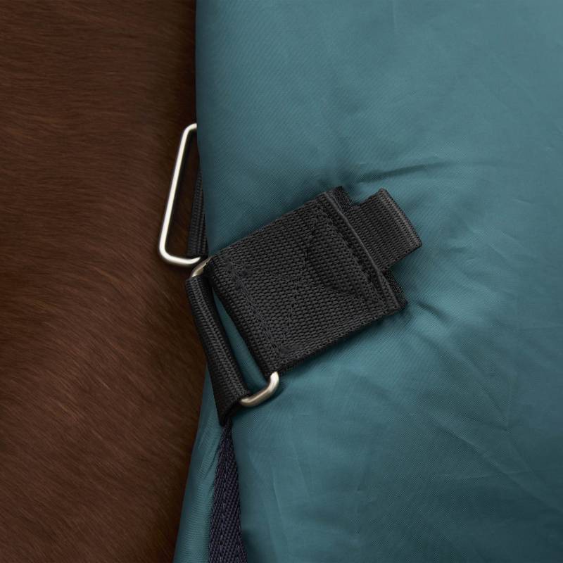 Close-up of black strap and buckle on forest green Weatherbeeta Comfitec Plus Dynamic turnout rug.