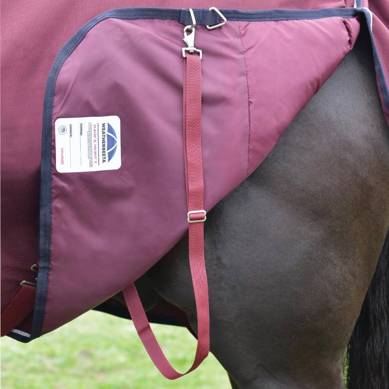 Weatherbeeta Comfitec Essential 220g Burgundy/Navy rug fastened on a dark horse's hindquarters.