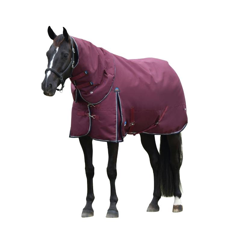 A black horse wears a Weatherbeeta burgundy/navy turnout rug in a grassy field.